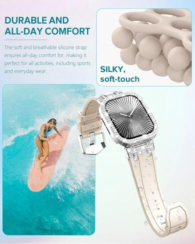 NewWays for Apple Watch Band with Case Women Luxury Designer, Bling 2-Row Diamonds Case Silicone Band with Metal Adapters for Series 4 5 6 7 8 9 10 iwatch Bands in Kuwait