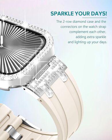 NewWays for Apple Watch Band with Case Women Luxury Designer, Bling 2-Row Diamonds Case Silicone Band with Metal Adapters for Series 4 5 6 7 8 9 10 iwatch Bands in Kuwait