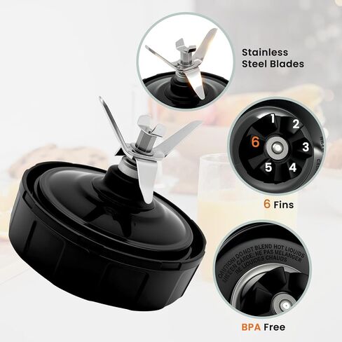 6 Fins Blender Blender Plendes استبدال لـ Nutri Ninja IQ 900 Watts/ 1000W ، قطع غيار شفرة النينجا المتوافقة مع BL480 BL451-70 BL454-70 BL480-70 BL481-70 ... (4 بوصة 18 24 32 أوقية فقط)) in Kuwait