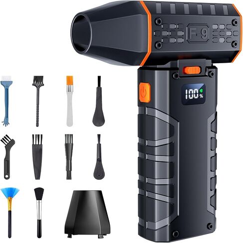 Duster Air Air مضغوط - 100 - قابلة للتعديل 130،000 دورة في الدقيقة قابلة لإعادة شحنها من هواء الكهرباء اللاسلكي مع شاشة العرض ، منفاخ غبار صغير للكمبيوتر ، لوحة المفاتيح ، المنزل ، تنظيف السيارات (أسود + برتقالي) in Kuwait
