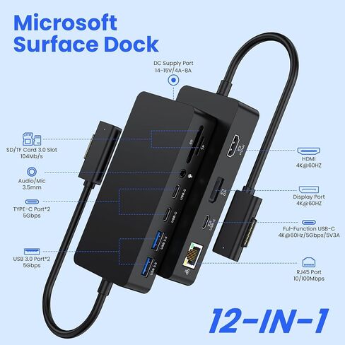 New Microsoft Surface Dock Triple Displays 4K HDMI+DP+Thunderbolt 4, 12 in 1 Surface Pro Docking Station with 120W Power Adapter for Surface Pro 11/10/9/8/X/7/6/5/4/3, Surface Laptop, Surface Book Go in Kuwait