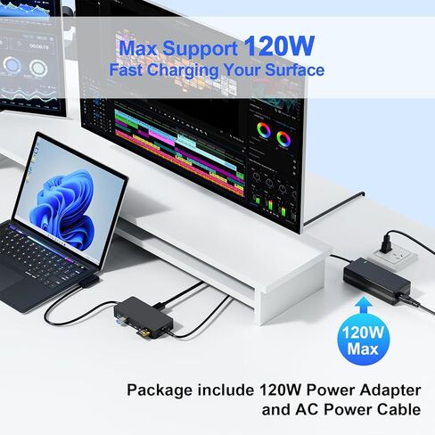 New Microsoft Surface Dock Triple Displays 4K HDMI+DP+Thunderbolt 4, 12 in 1 Surface Pro Docking Station with 120W Power Adapter for Surface Pro 11/10/9/8/X/7/6/5/4/3, Surface Laptop, Surface Book Go in Kuwait