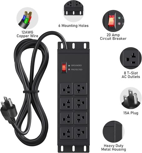 JUNNUJ Heavy Duty 20 Amp Surge Protector 4800J, Garage Metal 8 Outlets 12 Gauge, High Amp 5-15P Adapter Shop 6-20R T-Slot Industrial Outlet, 6 FT Extension Cord Commercial for Appliance in Kuwait
