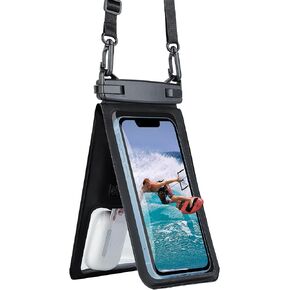 2-in-1 Waterproof Cell Phone Case, Underwater Phone Pouch & Passport Pouch with Adjustable Detachable Lanyard for Swimming, Travel, Beach, Smooth Screen Touch (Black) in Kuwait