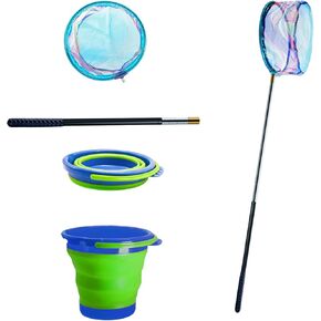 2PCS Kids Fishing Nets with Bucket - Telescoping Handle Retractable Landing Net Lightweight Aluminum Pole for Catch and Release Frog, Minnow, Butterfly, Crab, Beach and Creek Outdoor in Kuwait