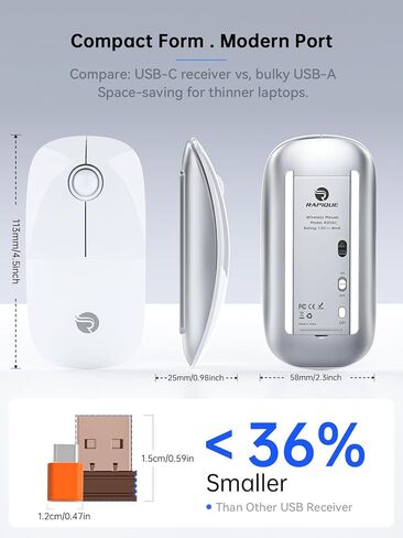 R306C USB C Mouse Wireless Mouse ، Type-C 2.4 جيجا هرتز ماوس كمبيوتر محمول ، نقرة صامتة ، ندبة للغاية ، 3 سرعات DPI ، عمر بطارية 480 ساعة ، لأجهزة الكمبيوتر المحمولة USB-C ، MacBook ، iPad ، Surface Pro ، MacOS-White in Kuwait