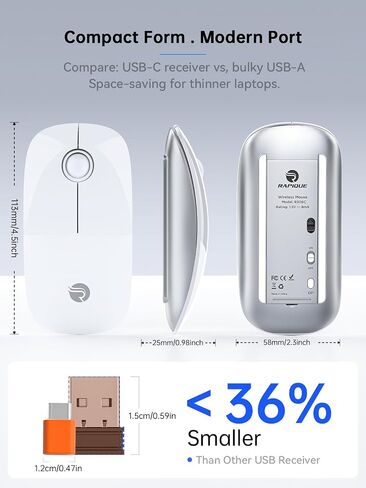 R306C USB C Mouse Wireless Mouse ، Type-C 2.4 جيجا هرتز ماوس كمبيوتر محمول ، نقرة صامتة ، ندبة للغاية ، 3 سرعات DPI ، عمر بطارية 480 ساعة ، لأجهزة الكمبيوتر المحمولة USB-C ، MacBook ، iPad ، Surface Pro ، MacOS-White in Kuwait