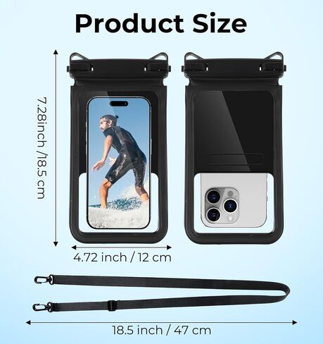 2-in-1 Waterproof Cell Phone Case, Underwater Phone Pouch & Passport Pouch with Adjustable Detachable Lanyard for Swimming, Travel, Beach, Smooth Screen Touch (Black) in Saudi Arabia