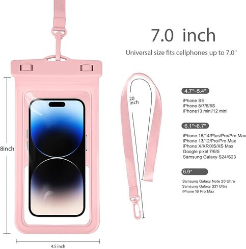 حقيبة هاتف مقاومة للماء ، مع حامل بطاقة بناء ، وحالة كبيرة مقاومة للماء متوافقة مع iPhone 16 15 14 13 Pro Max ، Beach Cruise Essentials ، 1 Pack ، Pink in Kuwait