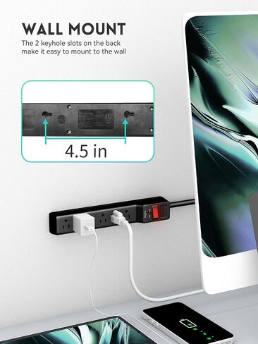 Plugtul Raseportector 15ft (980 joules) ، شريط الطاقة المسطح ، سلك تمديد مع منافذ متعددة ، 7 منافذ ، ETL مدرجة ، مقياس 14 ، جدار قابلة للتركيب لمرآب المكاتب المنزلية ، أبيض in Kuwait