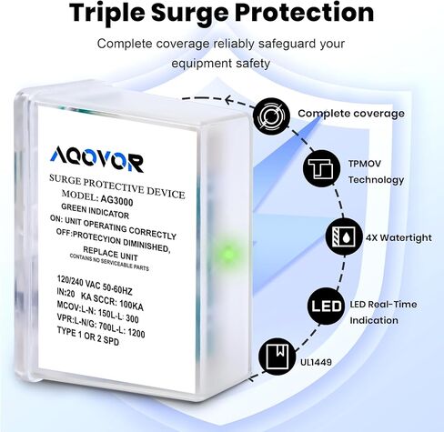 AG3000 HVAC Surge Protector 120/240V, Universal Surge Protective Device with Triple L-G/L-L/L-N Protection, TPMOV Technology, Watertight Enclosure UL Listed 5 Year Warranty in Kuwait