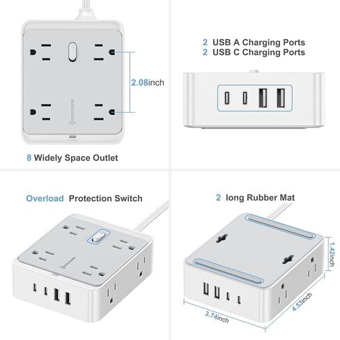 Surge Protector Power Strip, REALMADE 8 AC 4 UAB Power Strip with 950J Surge Protection, Flat Plug Outlet Extender, 5Ft Extension Cord, Wall Mount Desk Charging for Home Office， Gray & White in Saudi Arabia