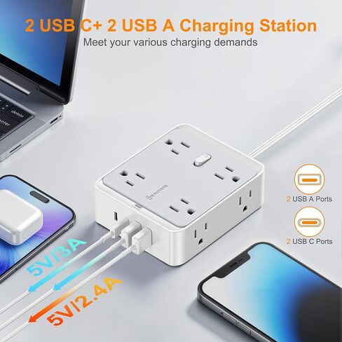 Surge Protector Power Strip, REALMADE 8 AC 4 UAB Power Strip with 950J Surge Protection, Flat Plug Outlet Extender, 5Ft Extension Cord, Wall Mount Desk Charging for Home Office， Gray & White in Saudi Arabia