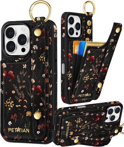 Petitian for iPhone 16 Pro Case Wallet - Women Girls Cute Girly Aesthetic Unique Design Leather Credit Card Holder Cardholder Stand Wristband for iPhone 16 Pro, Grow Flower in Kuwait