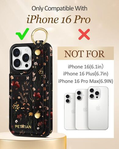 Petitian for iPhone 16 Pro Case Wallet - Women Girls Cute Girly Aesthetic Unique Design Leather Credit Card Holder Cardholder Stand Wristband for iPhone 16 Pro, Grow Flower in Kuwait
