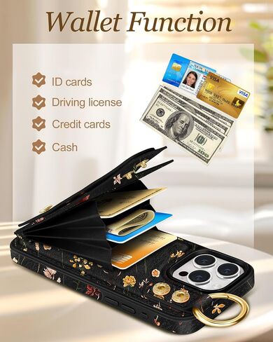 Petitian for iPhone 16 Pro Case Wallet - Women Girls Cute Girly Aesthetic Unique Design Leather Credit Card Holder Cardholder Stand Wristband for iPhone 16 Pro, Grow Flower in Kuwait