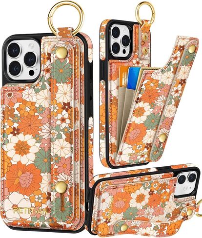 Petitian for iPhone 16 Pro Case Wallet - Women Girls Cute Girly Aesthetic Unique Design Leather Credit Card Holder Cardholder Stand Wristband for iPhone 16 Pro, Grow Flower in Kuwait