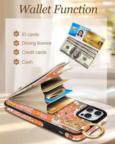 Petitian for iPhone 16 Pro Case Wallet - Women Girls Cute Girly Aesthetic Unique Design Leather Credit Card Holder Cardholder Stand Wristband for iPhone 16 Pro, Grow Flower in Kuwait