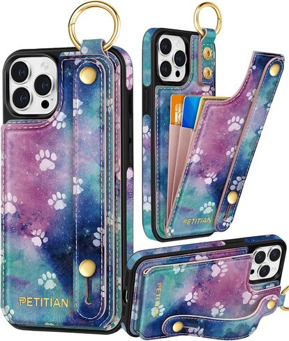 Petitian for iPhone 16 Pro Case Wallet - Women Girls Cute جمالية جمالية فريدة من نوعها تصميم بطاقة بطاقة ائتمان جلدية حامل بطاقة معصم لـ iPhone 16 Pro ، تنمو زهرة in Kuwait