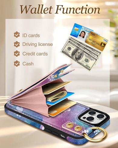 Petitian for iPhone 16 Pro Case Wallet - Women Girls Cute جمالية جمالية فريدة من نوعها تصميم بطاقة بطاقة ائتمان جلدية حامل بطاقة معصم لـ iPhone 16 Pro ، تنمو زهرة in Kuwait