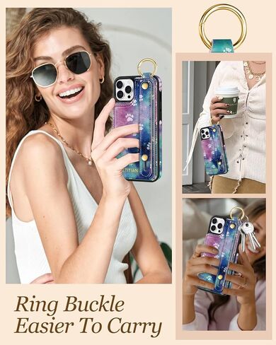 Petitian for iPhone 16 Pro Case Wallet - Women Girls Cute جمالية جمالية فريدة من نوعها تصميم بطاقة بطاقة ائتمان جلدية حامل بطاقة معصم لـ iPhone 16 Pro ، تنمو زهرة in Kuwait