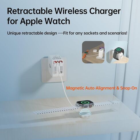 Apple Watch Charger Travel Essentials ، 5 في محطة شحن سفر واحدة لأجهزة Apple ، وشاحن جدران قابل للسحب مع كابلات قابلة للسحب 3 * 3.2 قدم ، وكتاب شاحن سريع لترس التفاح ، رمادي in Kuwait