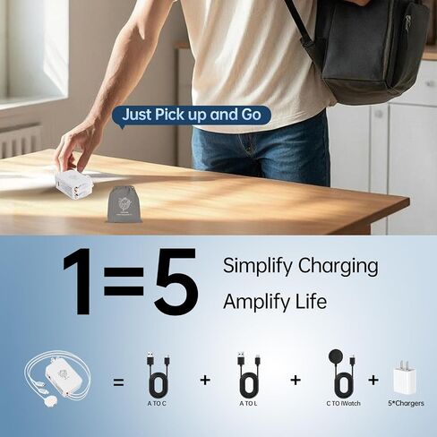 Apple Watch Charger Travel Essentials ، 5 في محطة شحن سفر واحدة لأجهزة Apple ، وشاحن جدران قابل للسحب مع كابلات قابلة للسحب 3 * 3.2 قدم ، وكتاب شاحن سريع لترس التفاح ، رمادي in Kuwait