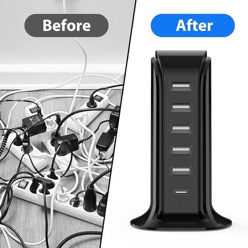 USB Charging Station for Multiple Devices, Multiport Charger Tower, USB-C Port Supports PD Quick Charge Compatible with iPhone, Smartphones, Tablets and Other Devices (Black, 20W) in Saudi Arabia