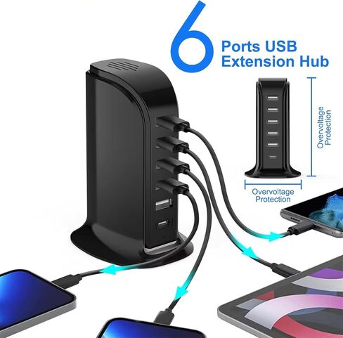 USB Charging Station for Multiple Devices, Multiport Charger Tower, USB-C Port Supports PD Quick Charge Compatible with iPhone, Smartphones, Tablets and Other Devices (Black, 20W) in Saudi Arabia