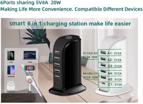 محطة شحن USB لأجهزة متعددة ، وبرج شاحن متعدد الشاحن ، وموانئ USB-C ، تدعم PD Quick Charge متوافقة مع iPhone ، والهواتف الذكية ، والأجهزة اللوحية والأجهزة الأخرى (Black ، 20W) in Saudi Arabia