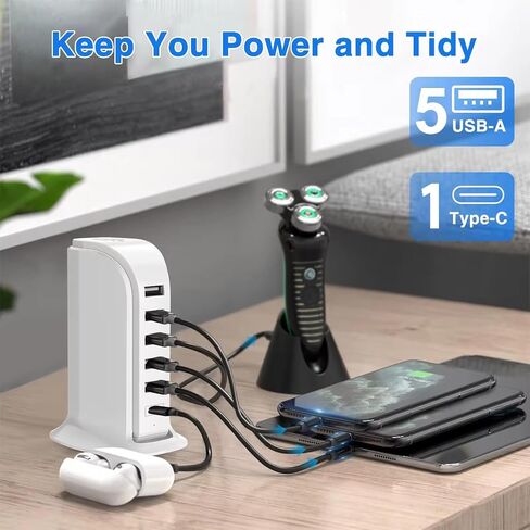 محطة شحن USB لأجهزة متعددة ، وبرج شاحن متعدد الشاحن ، وموانئ USB-C ، تدعم PD Quick Charge متوافقة مع iPhone ، والهواتف الذكية ، والأجهزة اللوحية والأجهزة الأخرى (Black ، 20W) in Saudi Arabia