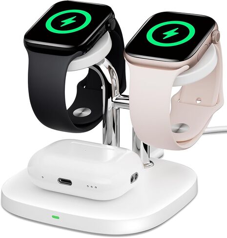 شاحن مشاهدة مزدوج مع شحن سريع لشركة Apple Watch ، Swanscout 704a ، 3-in-1 محطة الشحن اللاسلكية تقف لـ Apple Watch Ultra 2/10/9 ، Dock الشاحن اللاسلكي لـ Airpods Pro 2/3/2 (White & Silver) in Saudi Arabia