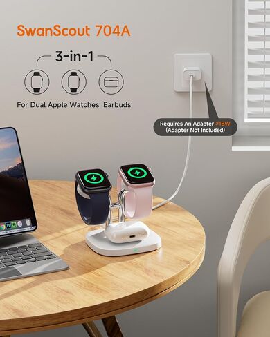شاحن مشاهدة مزدوج مع شحن سريع لشركة Apple Watch ، Swanscout 704a ، 3-in-1 محطة الشحن اللاسلكية تقف لـ Apple Watch Ultra 2/10/9 ، Dock الشاحن اللاسلكي لـ Airpods Pro 2/3/2 (White & Silver) in Saudi Arabia