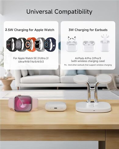 شاحن مشاهدة مزدوج مع شحن سريع لشركة Apple Watch ، Swanscout 704a ، 3-in-1 محطة الشحن اللاسلكية تقف لـ Apple Watch Ultra 2/10/9 ، Dock الشاحن اللاسلكي لـ Airpods Pro 2/3/2 (White & Silver) in Saudi Arabia