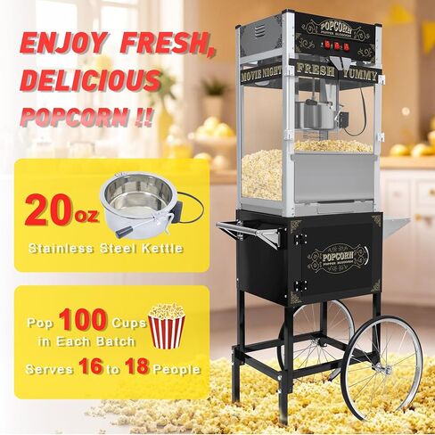 عربة آلة الفشار مع 8 أوقية غلاية تشكل ما يصل إلى 32 كوب صانع الفشار صانع الجهاز على طراز بوبر على عجلات الفشار آلات للفيلم التجاري للسينما الفشار Machine المسرح Red in Kuwait