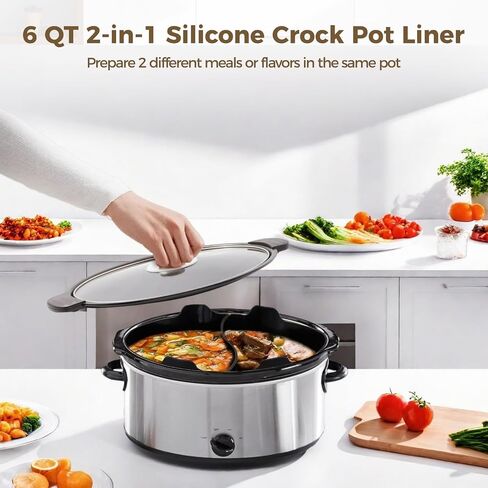 6 Quart 2-in-1 Silicone Prot Piners ، مقسم مقسم للطباخ البطيء القابل لإعادة الاستخدام ، For Crockpot ، شكل بيضاوي ، مقبض مضاد للانزلاق ، بطانة طبخ بطيئة آمنة غسالة الصحون لوجبة طبختين in Saudi Arabia