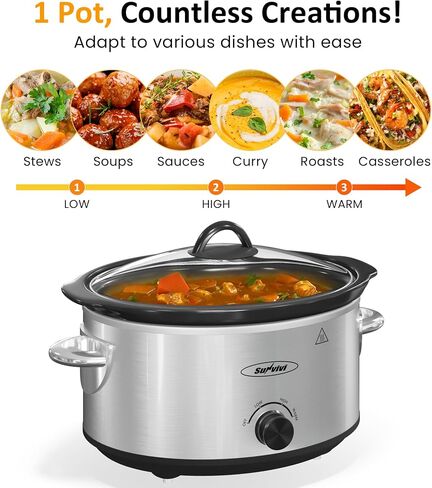 Sunvivi 4QT طباخ بطيء وأطعمة صغيرة أكثر دفئًا مع 3 إعدادات تسخين ، وعاء من السيراميك القابل للإزالة ، وغطاء زجاجي آمن غسالة الصحون ، والفولاذ المقاوم للصدأ in Kuwait