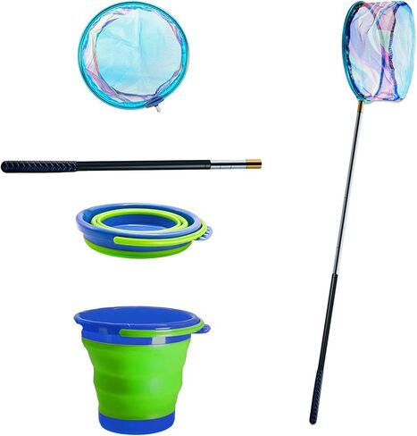 2PCS Kids Fishing Nets with Bucket - Telescoping Handle Retractable Landing Net Lightweight Aluminum Pole for Catch and Release Frog, Minnow, Butterfly, Crab, Beach and Creek Outdoor in Kuwait