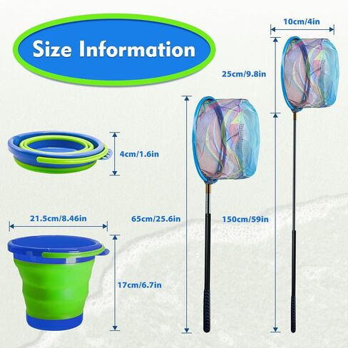 2PCS Kids Fishing Nets with Bucket - Telescoping Handle Retractable Landing Net Lightweight Aluminum Pole for Catch and Release Frog, Minnow, Butterfly, Crab, Beach and Creek Outdoor in Kuwait