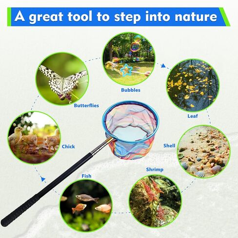 2PCS Kids Fishing Nets with Bucket - Telescoping Handle Retractable Landing Net Lightweight Aluminum Pole for Catch and Release Frog, Minnow, Butterfly, Crab, Beach and Creek Outdoor in Kuwait