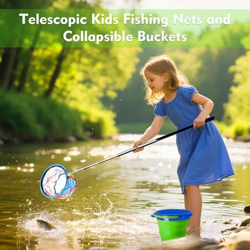 2PCS Kids Fishing Nets with Bucket - Telescoping Handle Retractable Landing Net Lightweight Aluminum Pole for Catch and Release Frog, Minnow, Butterfly, Crab, Beach and Creek Outdoor in Kuwait