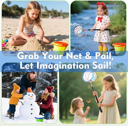 2PCS Kids Fishing Nets with Bucket - Telescoping Handle Retractable Landing Net Lightweight Aluminum Pole for Catch and Release Frog, Minnow, Butterfly, Crab, Beach and Creek Outdoor in Kuwait