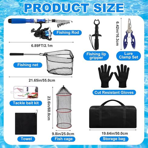51 Pcs Fishing Pole Combo 6.89ft Telescopic Rods Set Collapsible Fishing Rods with Plier Lip Gripper Lures Carrier Bag Pre Loaded Spinning Reel with Freshwater Rod and Reel Combos Kit in Kuwait