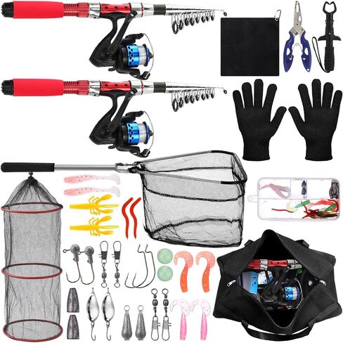 51 Pcs Fishing Pole Combo 6.89ft Telescopic Rods Set Collapsible Fishing Rods with Plier Lip Gripper Lures Carrier Bag Pre Loaded Spinning Reel with Freshwater Rod and Reel Combos Kit in Kuwait