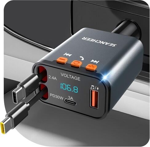 محول Car Bluetooth وشاحن السيارة USB C ، محول ولاعة سجائر 69W مع كبلتين قابلتين للسحب ، FM Transmitter Bluetooth 5.3 للاتصال اليدوي ، مشغل MP3 (رمادي [USB-C+Lightning]) in Kuwait