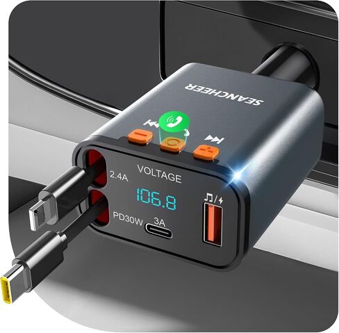 محول Car Bluetooth وشاحن السيارة USB C ، محول ولاعة سجائر 69W مع كبلتين قابلتين للسحب ، FM Transmitter Bluetooth 5.3 للاتصال اليدوي ، مشغل MP3 (رمادي [USB-C+Lightning]) in Kuwait