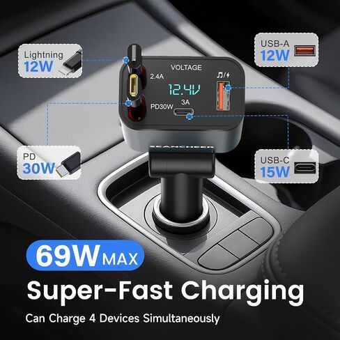 محول Car Bluetooth وشاحن السيارة USB C ، محول ولاعة سجائر 69W مع كبلتين قابلتين للسحب ، FM Transmitter Bluetooth 5.3 للاتصال اليدوي ، مشغل MP3 (رمادي [USB-C+Lightning]) in Kuwait