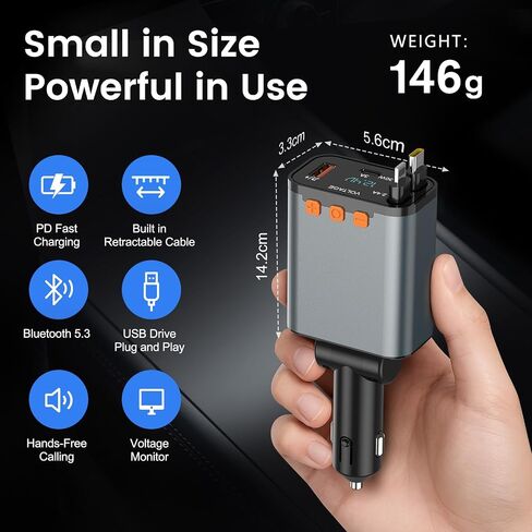 محول Car Bluetooth وشاحن السيارة USB C ، محول ولاعة سجائر 69W مع كبلتين قابلتين للسحب ، FM Transmitter Bluetooth 5.3 للاتصال اليدوي ، مشغل MP3 (رمادي [USB-C+Lightning]) in Kuwait