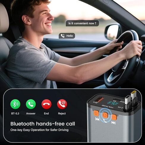 محول Car Bluetooth وشاحن السيارة USB C ، محول ولاعة سجائر 69W مع كبلتين قابلتين للسحب ، FM Transmitter Bluetooth 5.3 للاتصال اليدوي ، مشغل MP3 (رمادي [USB-C+Lightning]) in Kuwait
