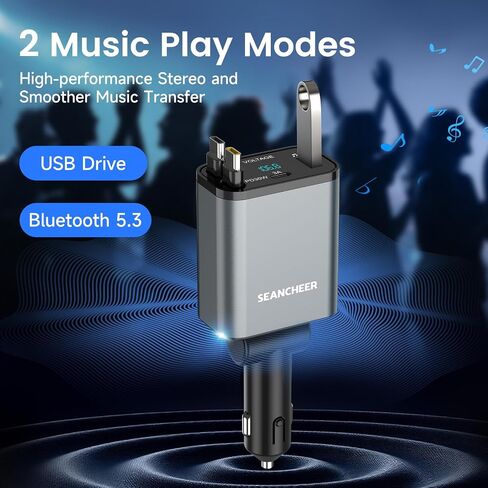 محول Car Bluetooth وشاحن السيارة USB C ، محول ولاعة سجائر 69W مع كبلتين قابلتين للسحب ، FM Transmitter Bluetooth 5.3 للاتصال اليدوي ، مشغل MP3 (رمادي [USB-C+Lightning]) in Kuwait